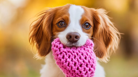 Adorable Puppy Love Cavalier King Charles Spaniel Holds Pink Knitted Heart in Autumn Park.の素材