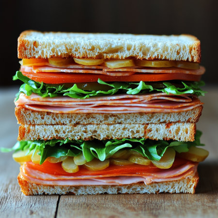 Delicious Multi-Layered Sandwich with Meat, Cheese, and Vegetables on a Rustic Wooden Tableの素材