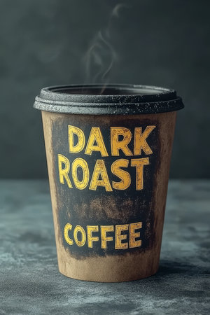 Steaming Dark Roast Coffee in Disposable Paper Cup on Moody Background, Coffee Break Concept.,の素材