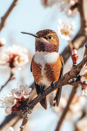 Rufous Hummingbird Perched on Flowering Branch, Springtime Nature Scene with Delicate Blossomsの素材