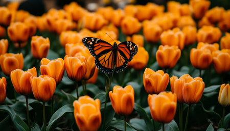 Vibrant Orange Tulips in Bloom with a Monarch Butterfly, Stunning Spring Garden Backgroundの素材