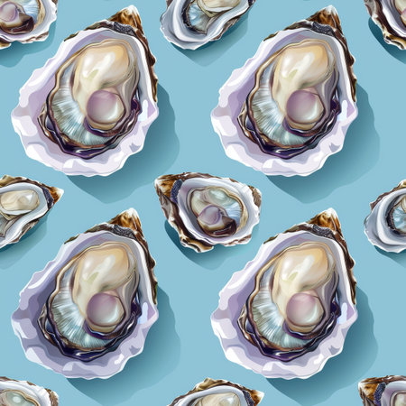 Seamless pattern of fresh, whole oysters on blue background, seafood culinary conceptの素材