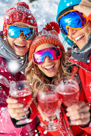 Three Friends, Three Glasses, Endless Winter Fun A Toast to Adventures on the Slopesの素材