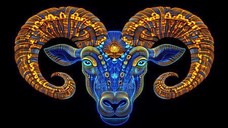 Neon Ram s Head Vibrant Symbol on Black Background, Modern Design, Artistic Representationの素材