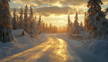 Snowy Forest Road Leading Home, Illuminated by Setting Sun over Snow Covered Landscapeの素材