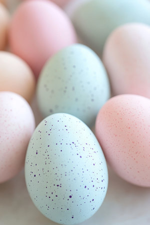 Minimalist Easter Still Life, Pastel Speckled Eggs in a Palette of Soft Blue and Pinkの素材