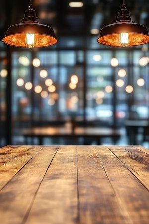 Rustic Restaurant Interior With Empty Wooden Table , Warm Lighting And Blurry Backgroundの素材