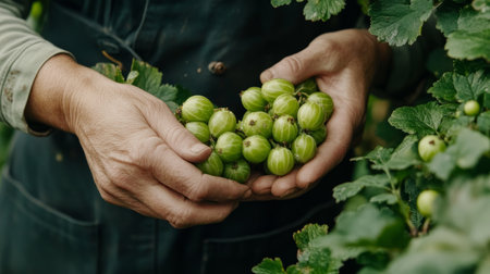 Close-up, A handful of fresh, ripe gooseberries. Farmer Harvesting gooseberries in the garden.の素材