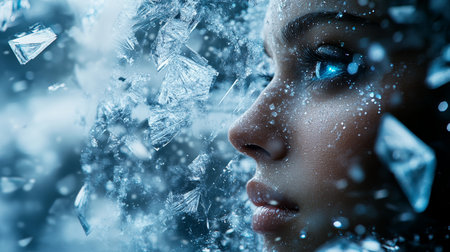 Cosmic Beauty Close-Up Portrait of Woman with Sparkling Crystal Makeup, Space Fantasy Artの素材
