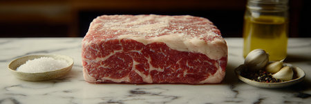 Raw Beef Brisket Seasoned with Salt and Pepper, Prepared with Garlic and Olive Oil Before Cooking.の素材