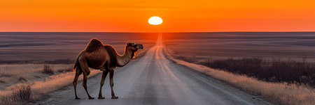 Solitary Camel on a Desert Road at Sunset, Embracing the Tranquility of an Endless Journeyの素材
