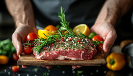 Chef Hands Presenting Raw Marbled Beef Steak with Fresh Herbs, Spices, and Vegetablesの素材