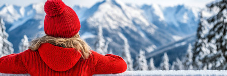 Young Woman in Red Beanie Contemplates Breathtaking Winter Mountain Panorama at a Ski Resortの素材