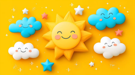 Cute Smiling Sun And Clouds On A Cheerful Yellow Background. Cartoon, 3D Illustration, Renderの素材
