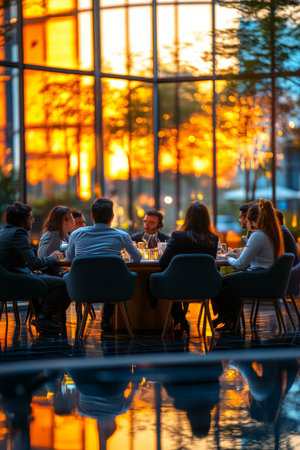 Friends Enjoying Evening Meal Together Around Table by Window with City View, Restaurant Gatheringの素材