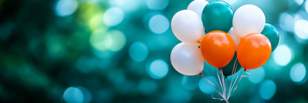 White and Teal Celebration with Floating Green and Orange Balloons on Blurred Backgroundの素材