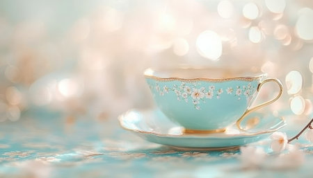 Vintage Teacup Amidst Springtime Bloom Delicate Elegance and Floral Bokeh Backgroundの素材