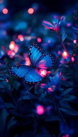 Blue Morpho Butterfly in a Magical Enchanted Garden at Twilight with Glowing Bokeh Lightsの素材
