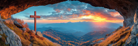 Cave View Cross, Dramatic Mountain Sunset Concept of Easter, Religion, And Holy Week Symbolism.の素材