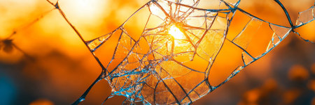 Shattered Dreams, A close-up view of broken glass shards catching the warm glow of the setting sun,.の素材