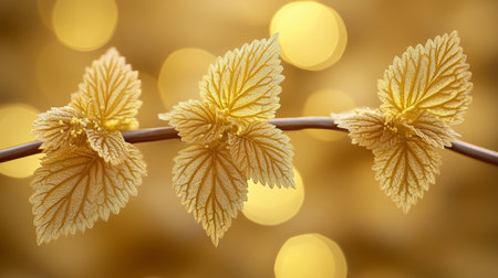 Golden Bokeh, Spring Leaves Dreamy Close-Up with Soft, Warm Light and Delicate Foliageの素材