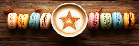 Colorful French Macarons and Coffee Cup with Star Shape Cinnamon on Wooden Backgroundの素材