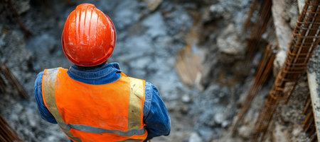 Construction Site Safety Engineer Inspects Foundation Work, Focusing On Ground Stabilityの素材