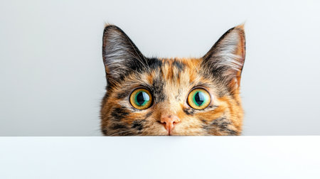Curious Calico Cat Peeking Over White Surface, Close-up Portrait, Isolated on White Backgroundの素材