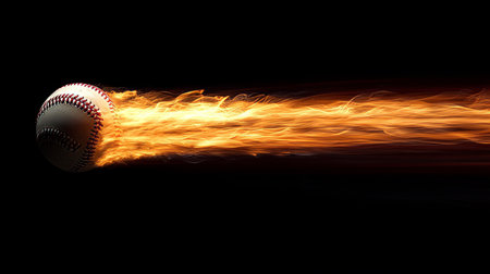 Flaming Fastball Baseball Engulfed In Flames Cuts Through Darkness On Black Backgroundの素材