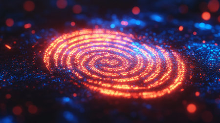 Cybersecurity, Biometric Scan Technology. Fingerprint Verification On Digital Network Background.の素材