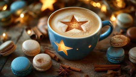 Blue Mug of Coffee with Star Decoration, Christmas Lights, and Cookies on Wooden Tableの素材