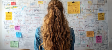 Back View Of Businesswoman With Long Hair Studying Notes On Whiteboard During Brainstormimg Sessionの素材