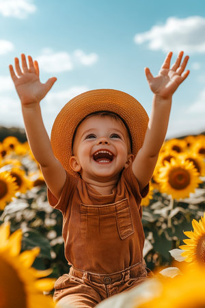 Joyful Little Boy in Straw Hat Laughs in Vibrant Sunflower Field Embracing Summertime Funの素材