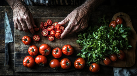 Elderly Hands Preparing Fresh Tomatoes and Herbs on Rustic Wooden Table, Food Photographyの素材