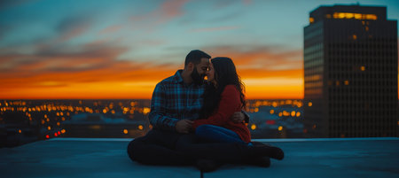 Romantic Couple Finds Love on Rooftop, Sharing a Tender Moment at Sunset in the Skyline.の素材