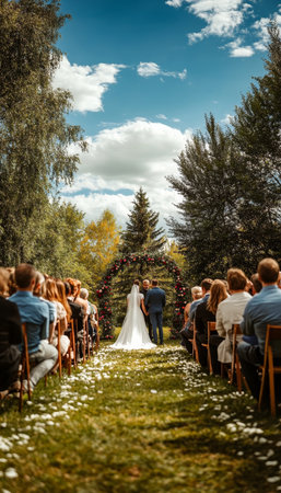 Outdoor Rustic Wedding Ceremony, Bride And Groom Exchanging Vows Under Floral Archwayの素材