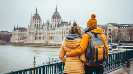 Couple Admiring Historic Architecture on European Vacation, Cultural Travel and Explorationの素材