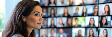 Focused Businesswoman Engages in Virtual Meeting with Remote Team on Large Video Wallの素材