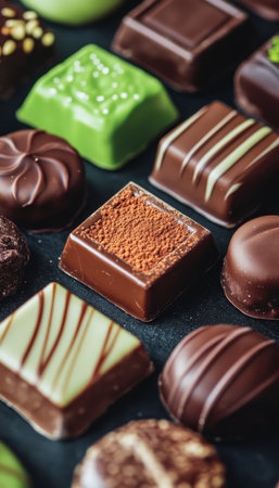 Assortment of Square, Round Chocolate Candies, Dark, White, and Green Tea Flavors on Dark Backgroundの素材