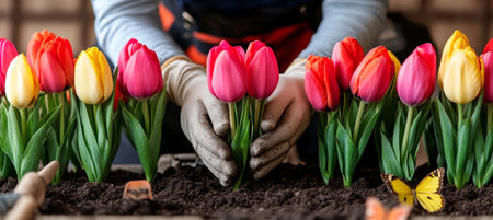 Gardener Planting Colorful Tulips in Spring Garden. Gardening, Nature, and Flowers Conceptsの素材