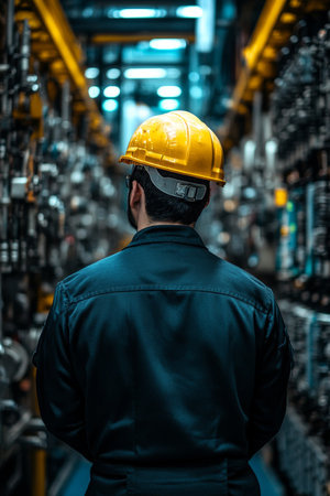Engineer in Hard Hat Inspects Industrial Equipment, Power and Safety Systems in Plantの素材