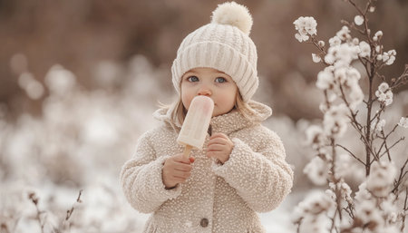 Little Girl Enjoying Frozen Treat in Winter Wonderland, Magical Snowy Day with Soft Focusの素材