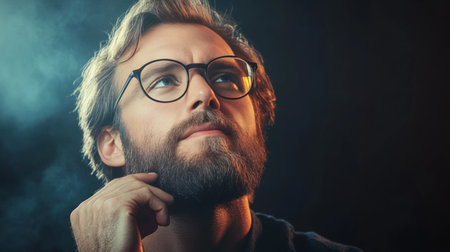 Pensive Man in Glasses Contemplating Deeply in Warm Light, Perfect for Advertising Campaign.の素材