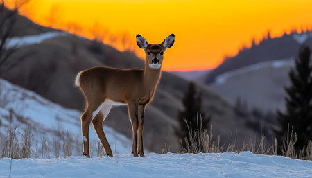 White-Tailed Deer at Sunset in a Snowy Winter Landscape, Canadian Rockies, Wildlife Photographyの素材