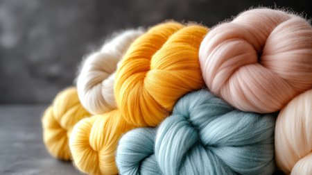 Soft Delicate Yarn Strands, Summer Palette of Yellow Turquoise, Coral and White Colors, Close Upの素材