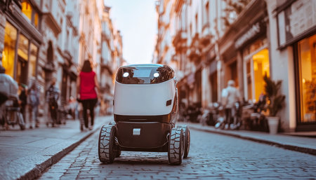 Autonomous Delivery Robot Navigating Busy City Street, Blurred Pedestrians in Backgroundの素材
