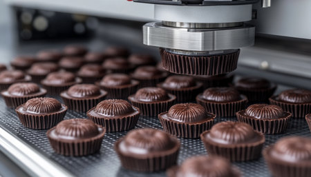 Conveyor Belt of Delicious Chocolate Candies Being Prepared Under an Automated Machine in a Factoryの素材