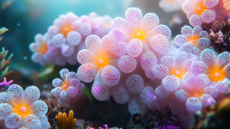 Close-Up, Vibrant Coral Polyps in an Underwater Scene, Bursting with Ocean Life and Beautyの素材