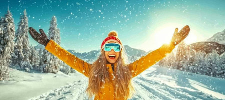 Winter Wonderland Bliss Woman in Ski Goggles and Yellow Jacket Celebrates the Snowy Seasonの素材