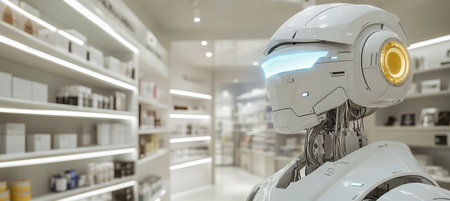 Advanced Robot Navigating Pharmacy Aisles Stocked with Health, Beauty, and Wellness Productsの素材